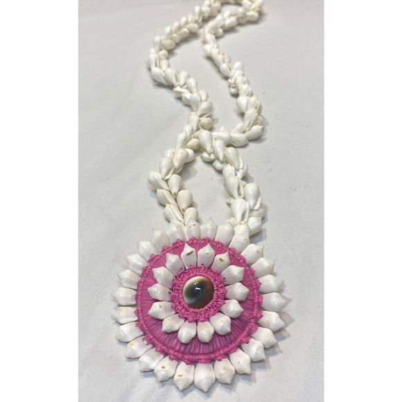 Chunky Bohemian Cowrie Shell Floral Pendant Necklace 30" Pink - Picture 1 of 5